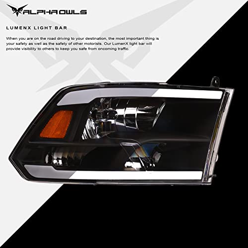 Alpha Owls 8710401 Crystal Headlights With Switchback Sequential LED Light Bar & Startup Light - Black Amber Fits 2009-2018 Dodge Ram 1500 2500 3500/2019-2023 Classic Halogen Models