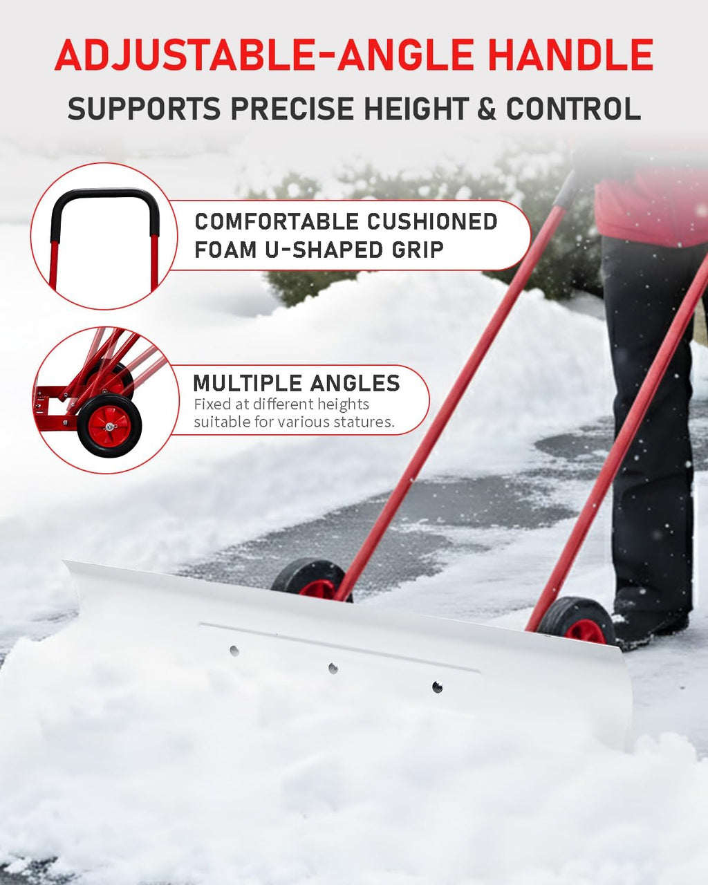 Outvita Snow Shovel with Wheels, 29 Wide 18 Long Snow Plow Shovel Angle & Height Adjustable Padded Handle Efficient Snow Clean Tool for Driveway or Pavement (Yellow)