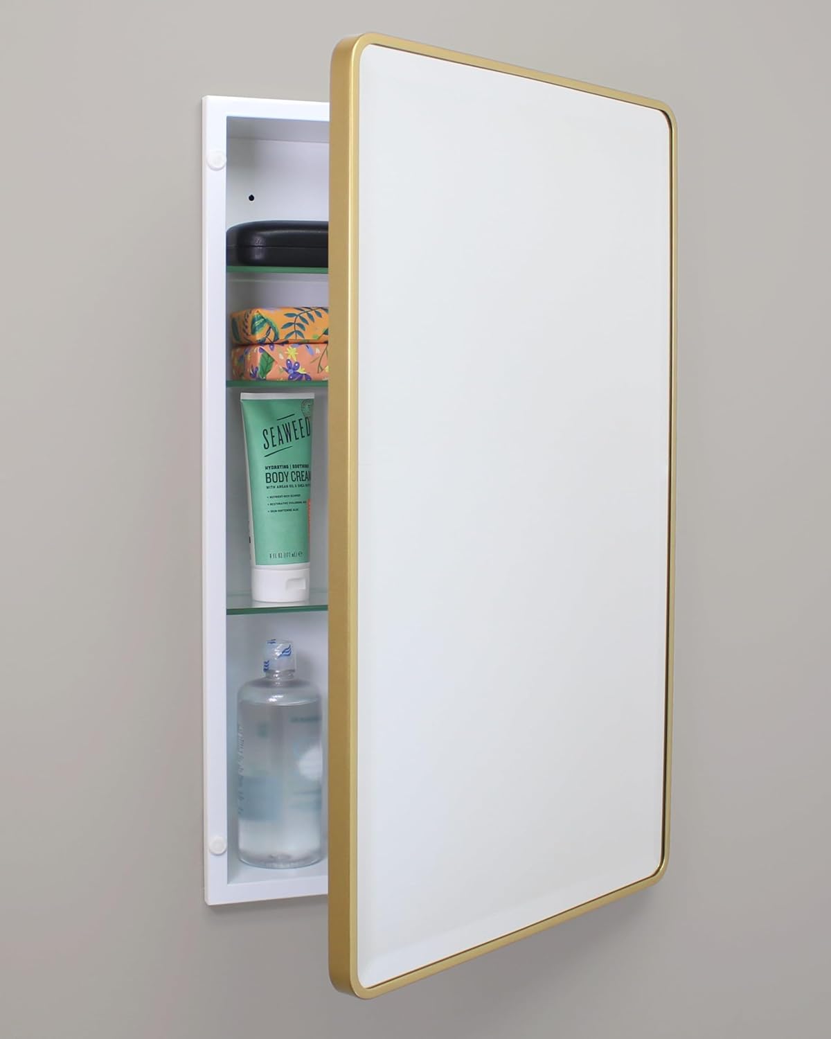 16x20 Austin Farmhouse Metal Framed Rounded Rectangle Recessed Bathroom Medicine Cabinet, Beveled Mirror, 14x18 in-Wall Opening, powder-coated Steel, Glass Shelves, Magnet Close, Brushed Nickel