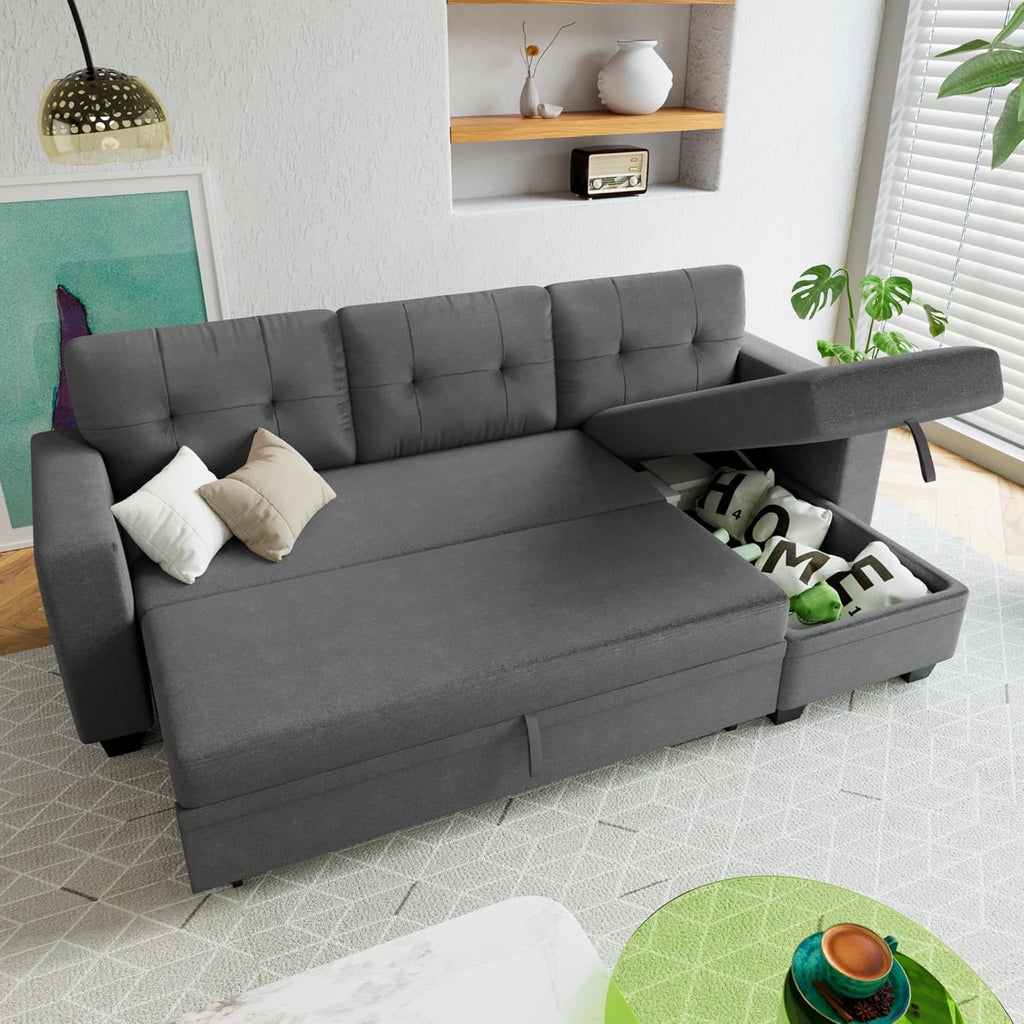 Sleeper Sofa Pull Out Couch with Storage Chaise Lounge Convertible Sectional Sofa L-Shape Modern Fabric Sofa Bed for Living Room, Apartment, Small Spaces, Dark Gray