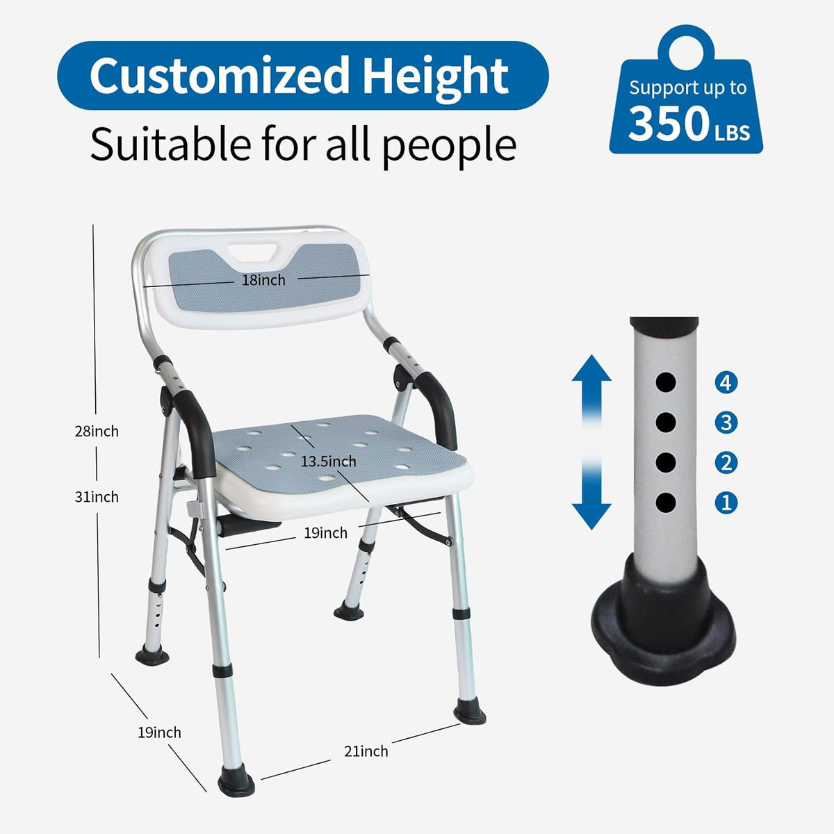 Shower Chair for Elderly & Disabled, Folding Shower Chair Seat with Arm and Back, Inside Shower Chair, Foldable Bathroom Chairs for Sitting, Portable for Travel - Collapsible, Compact & Comfortable