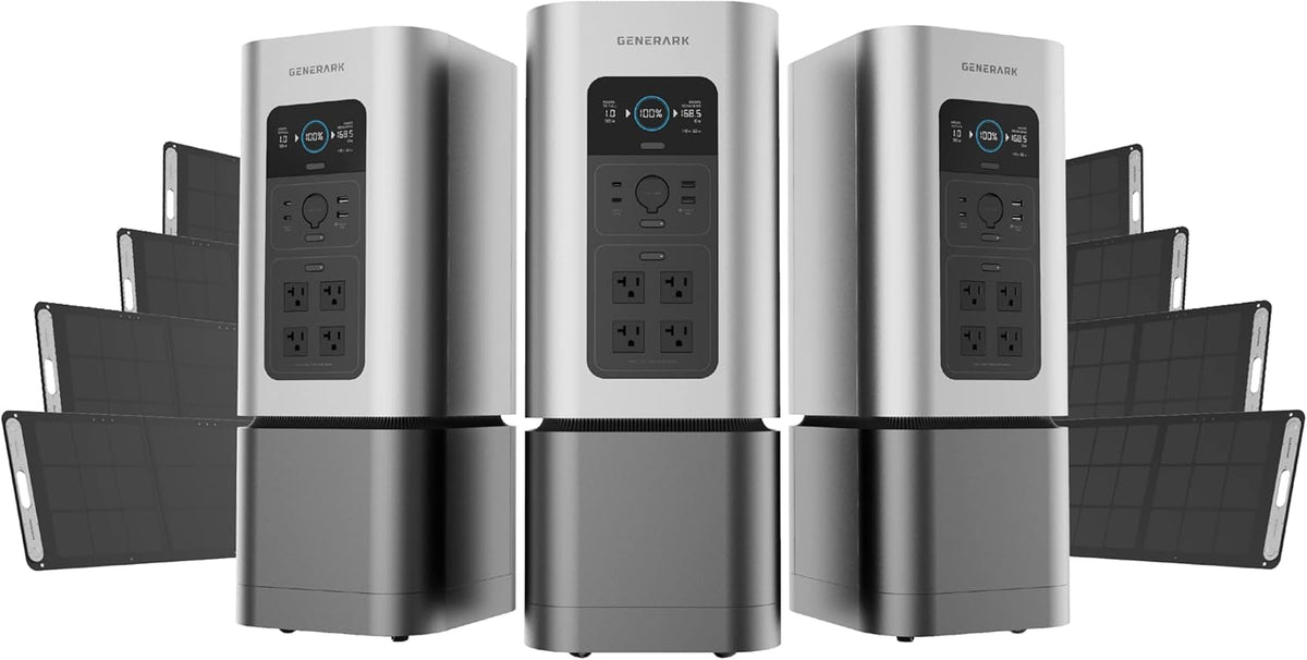 Generark Solar Generator for Homes & RVs: Three (3) HomePower 2 PLUS Backup Battery Power Stations & Eight (8) All-Weather Portable Solar Panels. 2200W - 4400W at 110V, 2060Wh. Up to 7 Days of Emergency and Reliable Power. 12 AC Power Outlets. 12 USB