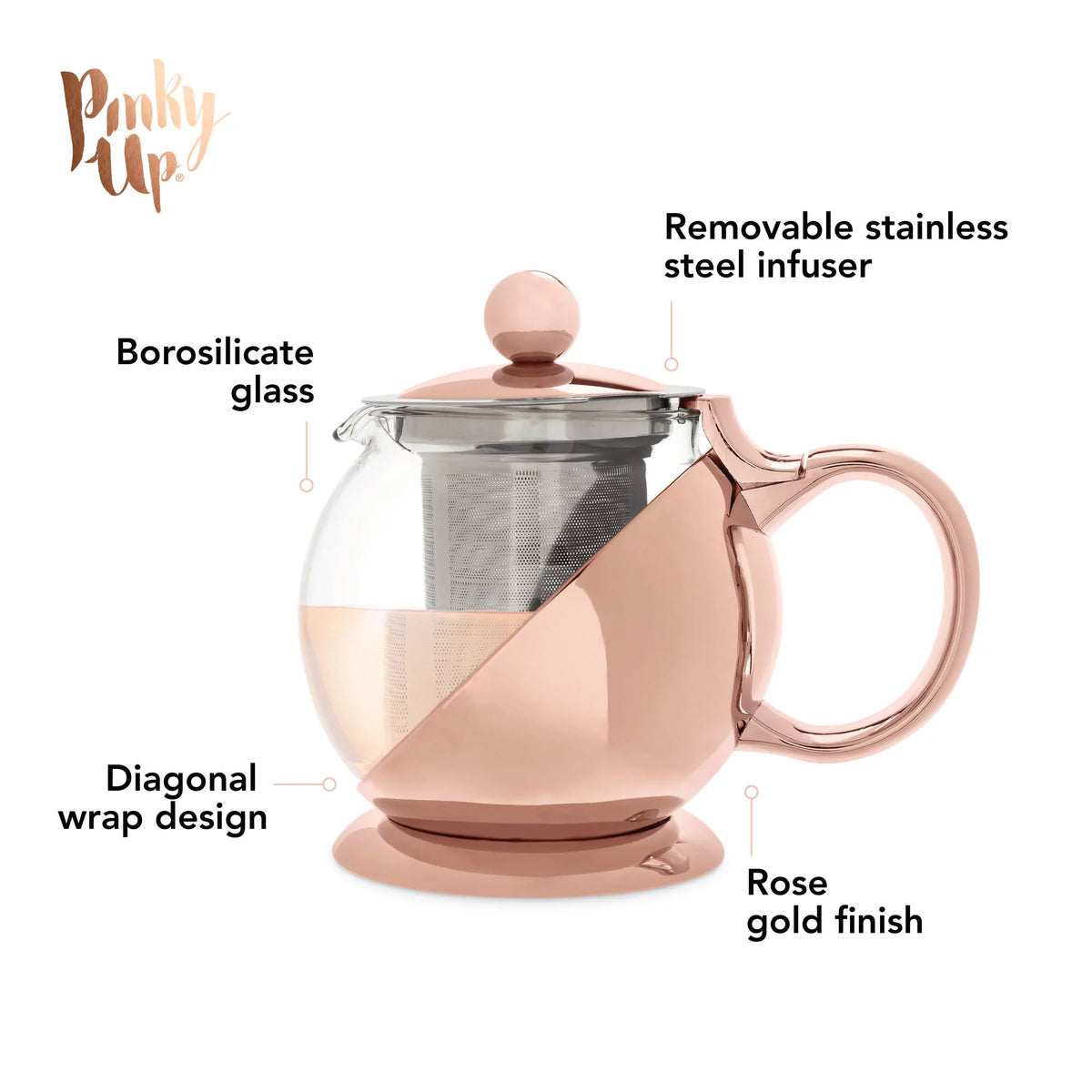 Pinky Up Rose Gold Wrapped Teapot - Tea Clear Glass Pot with Infuser Strainer and Tea Kettle for Loose Tea, 24 Oz