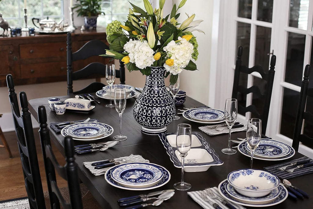 Euro Ceramica Blue Garden 16 Piece Oven Safe Hand Painted Stoneware Dinnerware Set, Service for 4, Bold Vase Design/Floral Pattern, White and blue