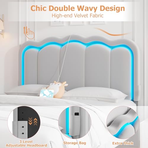 Twin Upholstered LED Bed Frame with Storage Drawer and Adjustable Chic Double Wavy Headboard, Velvet Princess Platform Bed for Kids/Girls, Solid Wood Slats Support, No Box Spring Needed, Beige