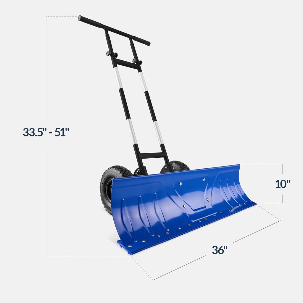 Best Choice Products 36in Galvanized Blade Heavy-Duty 2-Wheel Snow Pusher Hand Plow for Snow Removal w/Wheels, Adjustable Handle, Blade Angle - Black