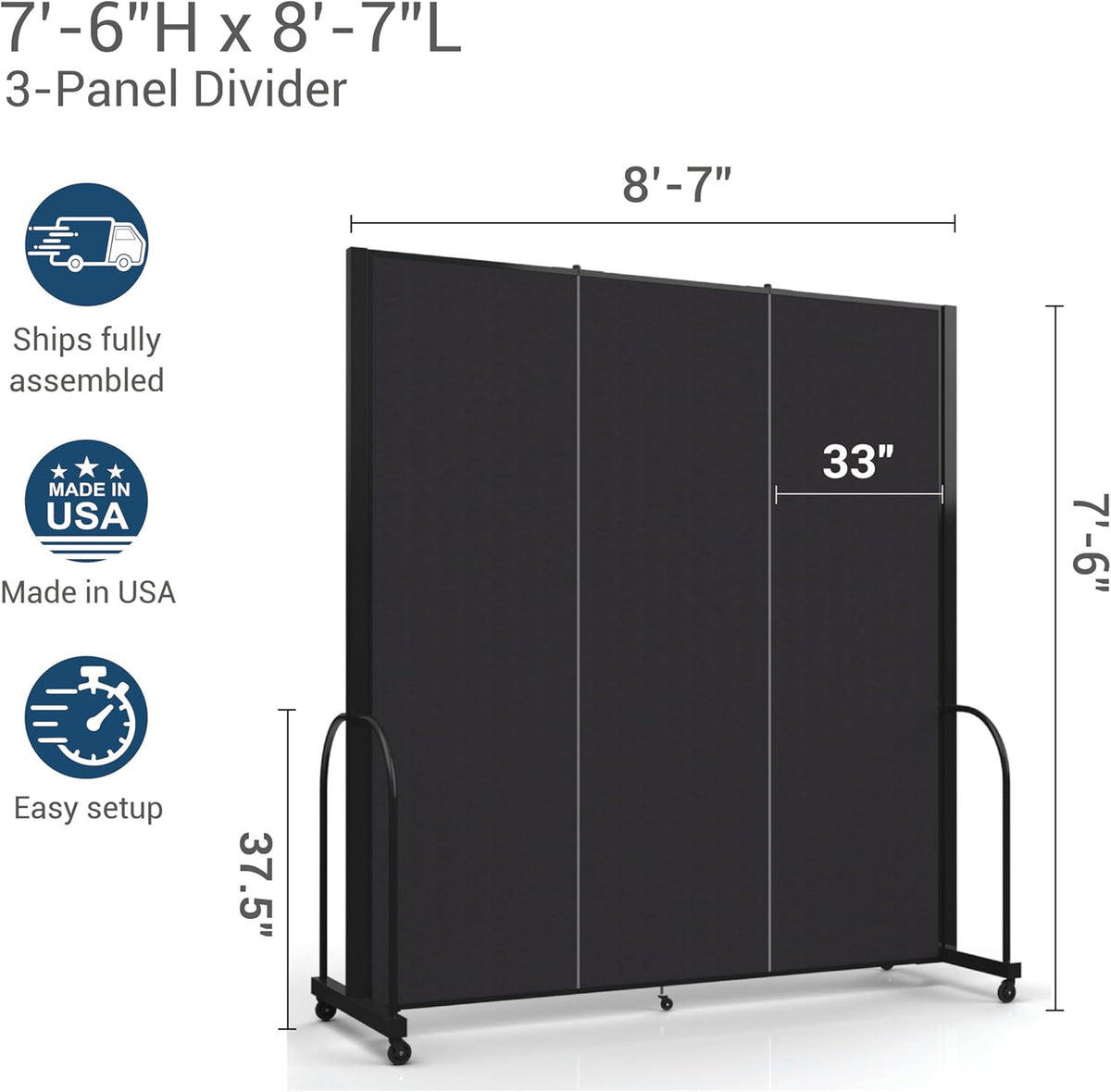 Standard Room Divider with Metal Frame, Folding Portable Partition Privacy Walls for Schools and Offices 7'6 Tall x 8'7 Wide Navy