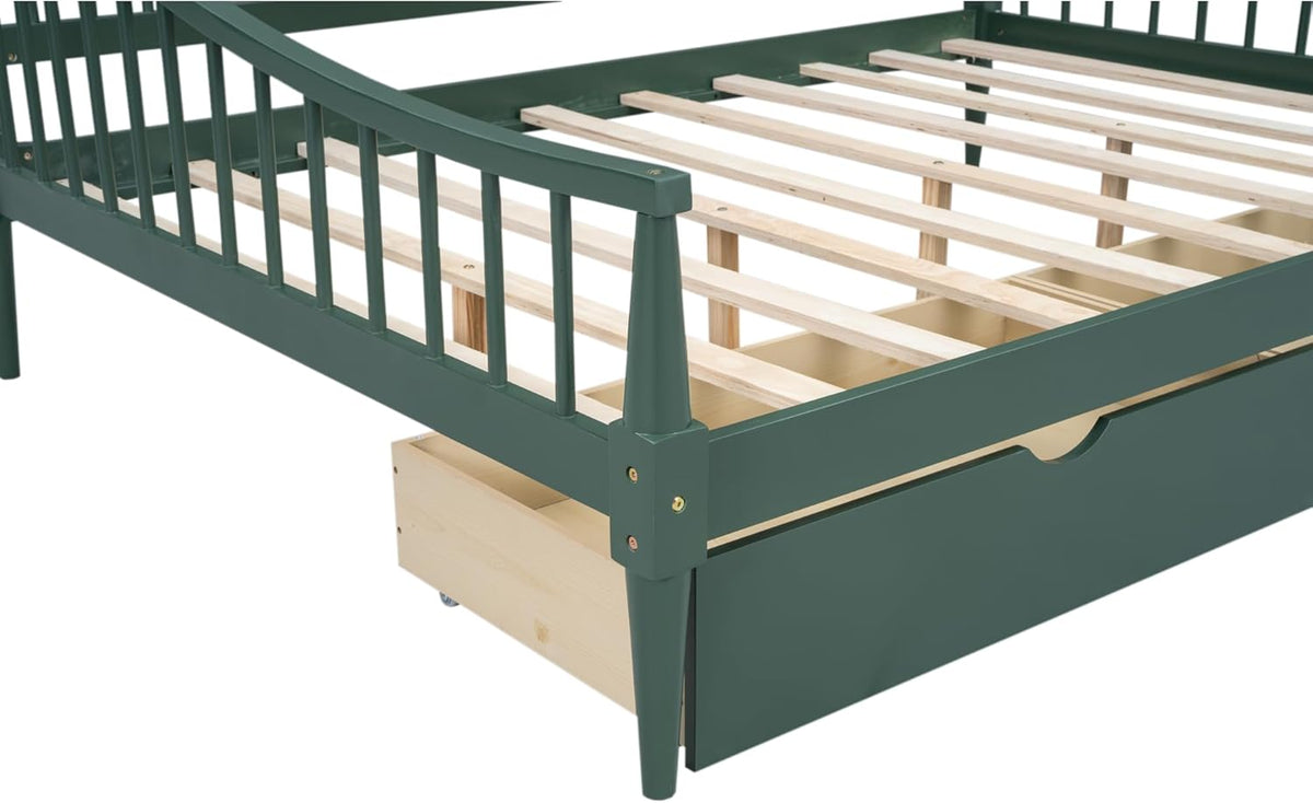Full Size Wooden Daybed with 2 Storage Drawers and Wood Support Legs, Multi-Functional Full Day Bed wtih Rails on 3 Sides for Bedroom, Living Room and Guestroom, Green