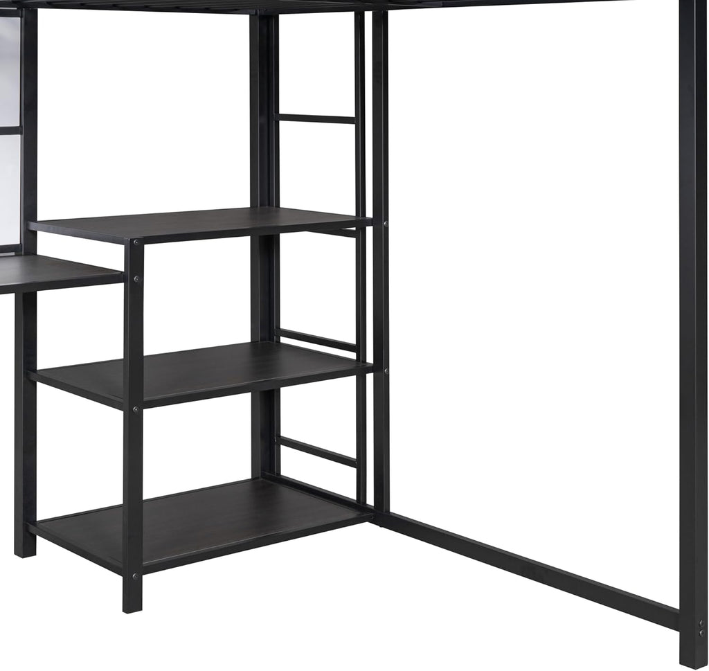 Full Size Metal Loft Bed with Desk, Whiteboard and 3-layer Shelves, Heavy Duty Loftbed w/Storage and Built-in Ladder, for Kids Teens Bedroom Dorm, Black