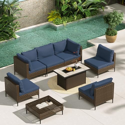 Grand patio 7-Piece Wicker Patio Furniture Set, Boho Outdoor Conversation Set Sectional Sofa with Water Resistant Thick Cushions and Coffee Table, Cream