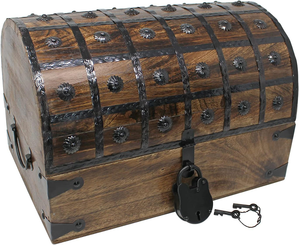 Nautical Cove Pirate Treasure Chest with Iron Lock and Skeleton Key - Storage and Decorative Box (X-Large 16 x 11 x 10.5) Pack of 2