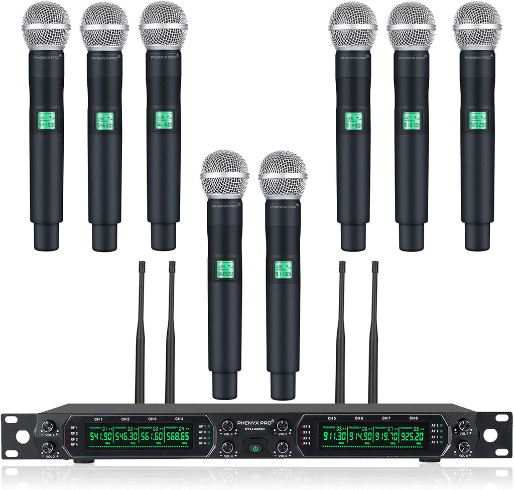 Wireless Microphone System, Phenyx Pro 8-Channel UHF Cordless Mic Set with Eight Handheld Mics, Fixed Frequency, All Metal Build, Long Range 260ft, Ideal for Karaoke,Church,Events (PTU-4000A)