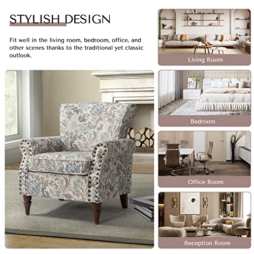 HULALA HOME Modern Wingback Accent Chair with Wood Legs & Removable Cushion, Comfy Upholstered Armchair with Nailhead Trim, Floral Pattern Single Sofa Chair for Living Room Bedroom, Blue