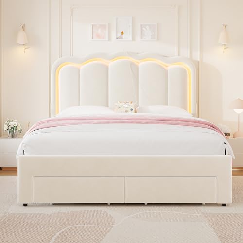 Twin Upholstered LED Bed Frame with Storage Drawer and Adjustable Chic Double Wavy Headboard, Velvet Princess Platform Bed for Kids/Girls, Solid Wood Slats Support, No Box Spring Needed, Beige