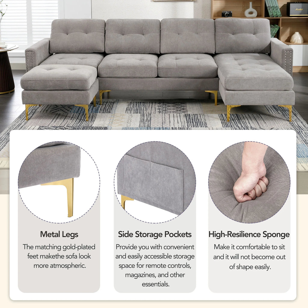 Soges U-Shaped Sectional Sofa with Ottoman, Convertible Couch for Living Room, 5 Seater Sofa, Gray, 110x54