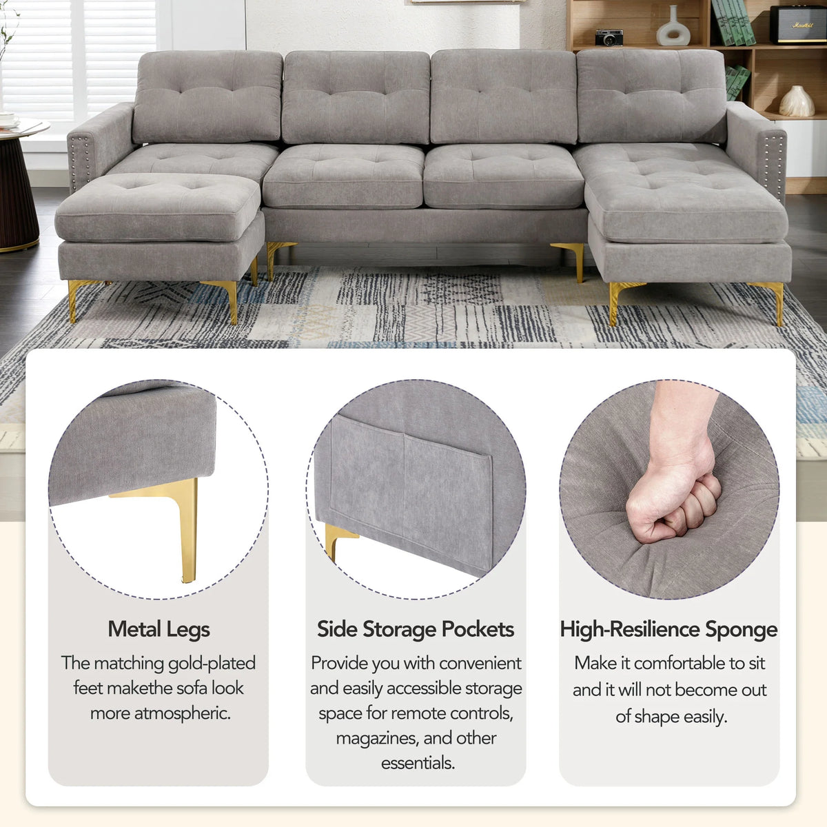 Soges U-Shaped Sectional Sofa with Ottoman, Convertible Couch for Living Room, 5 Seater Sofa, Gray, 110x54