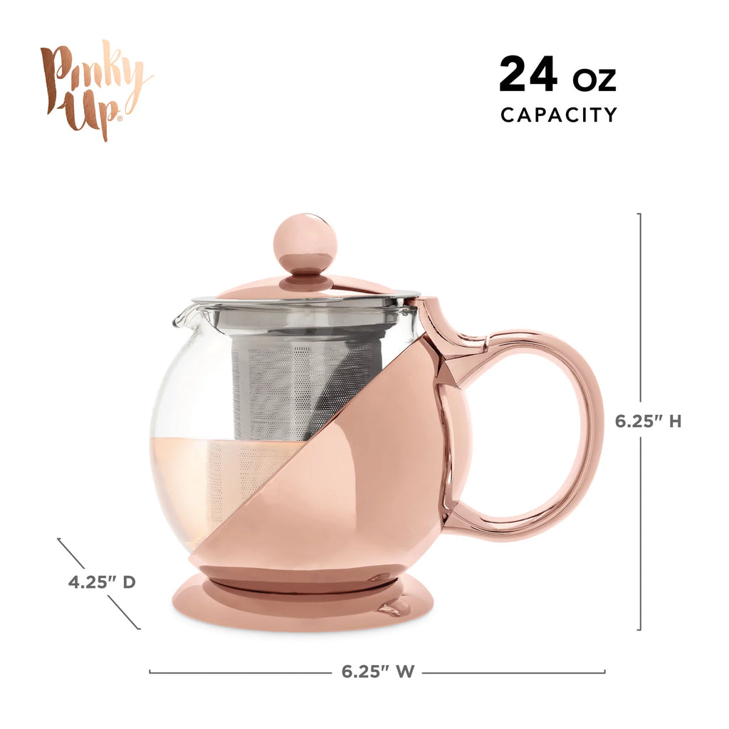 Pinky Up Rose Gold Wrapped Teapot - Tea Clear Glass Pot with Infuser Strainer and Tea Kettle for Loose Tea, 24 Oz