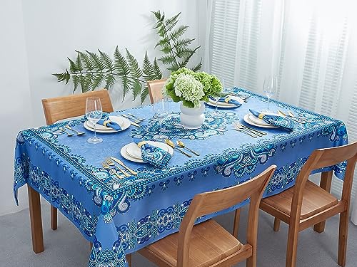 YiHomer Mykonos Blue Paisley Tile Bordered Tabletop for Spring Summer Decorations, Picnics and Dinner Parties - Indoor Outdoor, Stain and Water Resistant, Tablecloth, 60 x 84 Rectangle