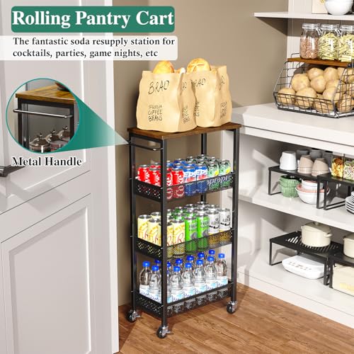 Utility Slim Storage Cart, 4 Tier Small Rolling Kitchen Laundry Room Cart with Wood Top, Metal Narrow Bathroom Storage Cabinet Mobile Shelf Unit Organizer Trolley with Handle for Narrow Space