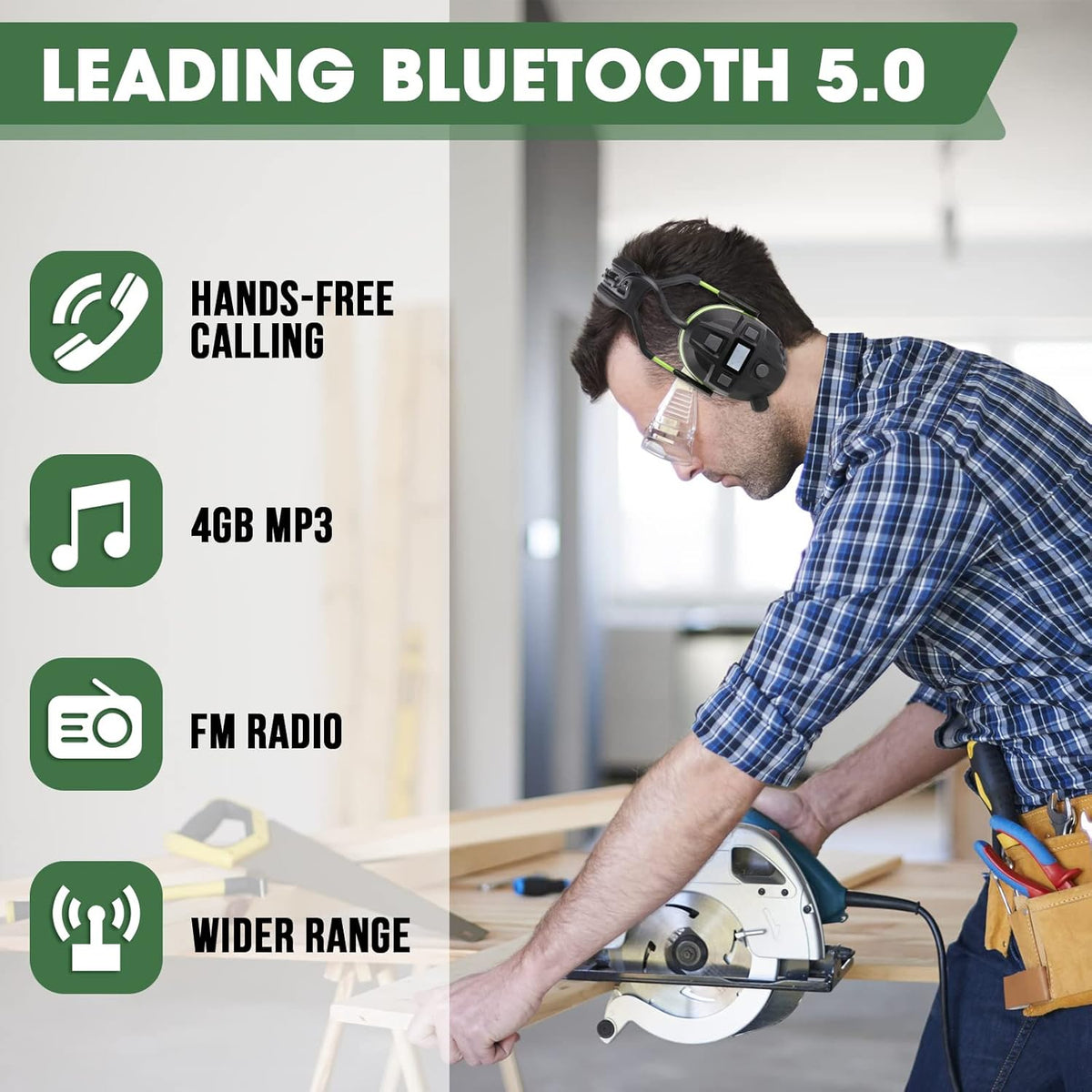 Bluetooth Hearing Protection, FM MP3 Noise Reduction Radio Headphones with 29dB NRR, Safety Ear Muffs with Bluetooth Radio, Wireless Cancelling Bluetooth Rechargebale FM Radio Headphones, Green