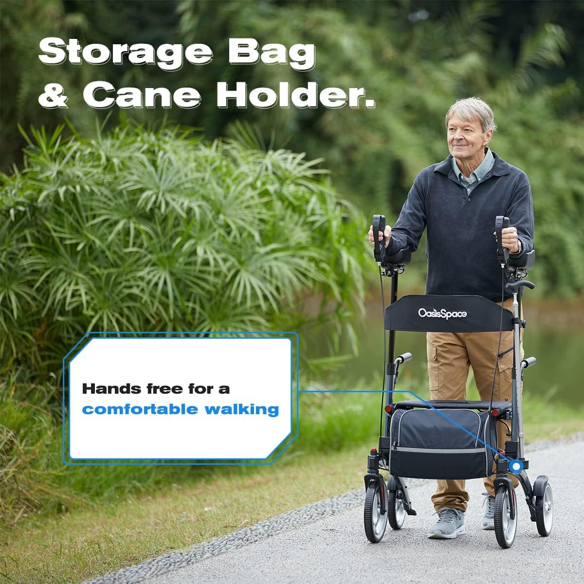 OasisSpace Upright Walker with Seat - Up Walker with Padded Armrest & Stand Up Handles, Ultra Folding Stand Up Rollator Walker for Seniors with 10?? Front Wheels