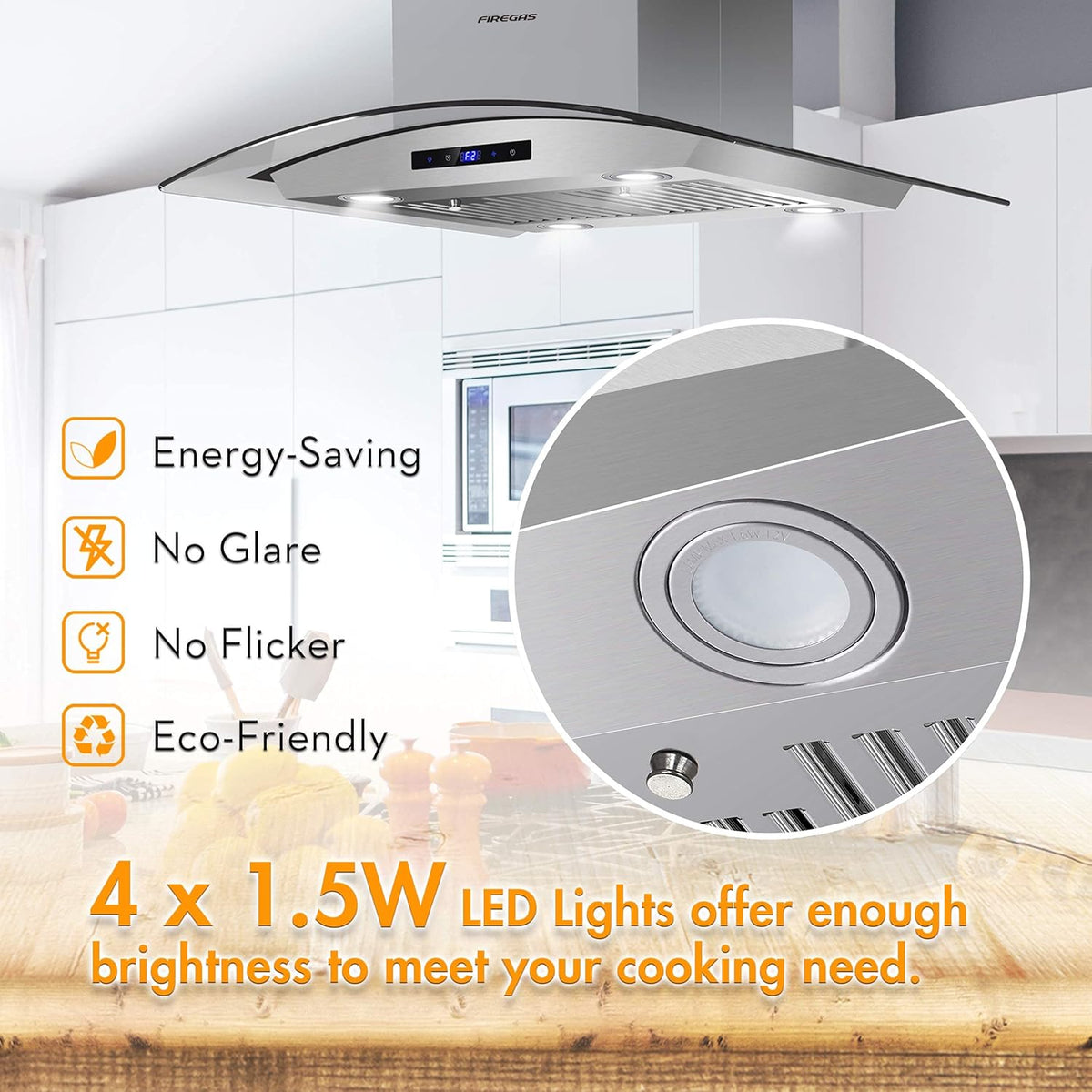 FIREGAS Island Range Hood 36 inch 450 CFM with Chimney,Tempered Glass,4 LED Lights,3 Speed Fan,Touch Control,Permanent Filter,Charcoal Filter,Stainless Steel,Island Mount,Ceiling Mount