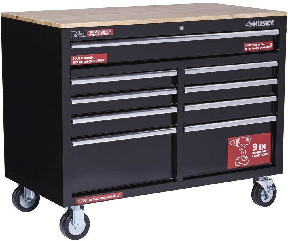 Husky 46 in. W x 24.5 in. D 9-Drawer Mobile Workbench with Solid Wood Top in
