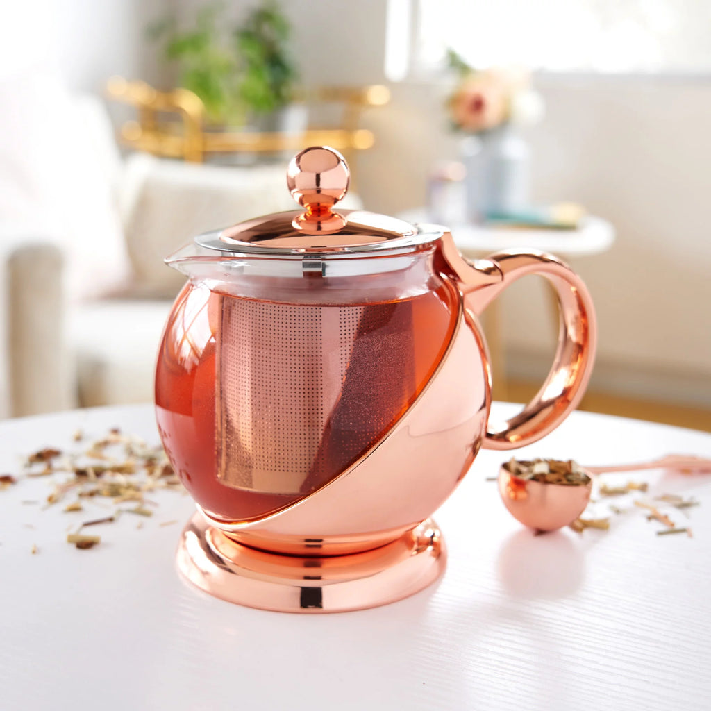 Pinky Up Rose Gold Wrapped Teapot - Tea Clear Glass Pot with Infuser Strainer and Tea Kettle for Loose Tea, 24 Oz