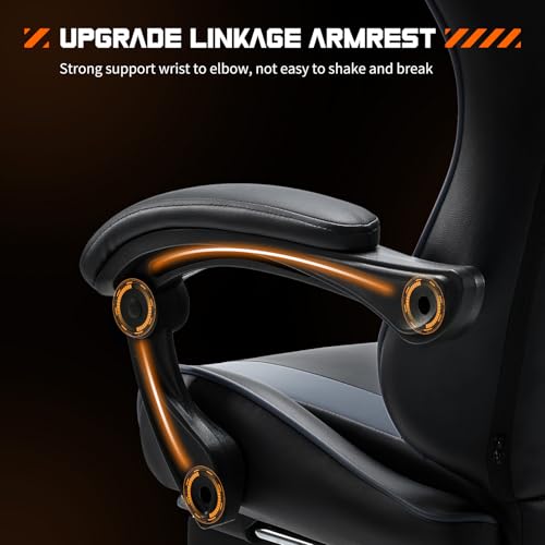 DUMOS Ergonomic Gaming Desk Chair - PU Leather Recliner with Footrest, Lumbar Support, Headrest, Fixed Armrests, Height Adjustable, 360?? Swivel, Grey, for Adults