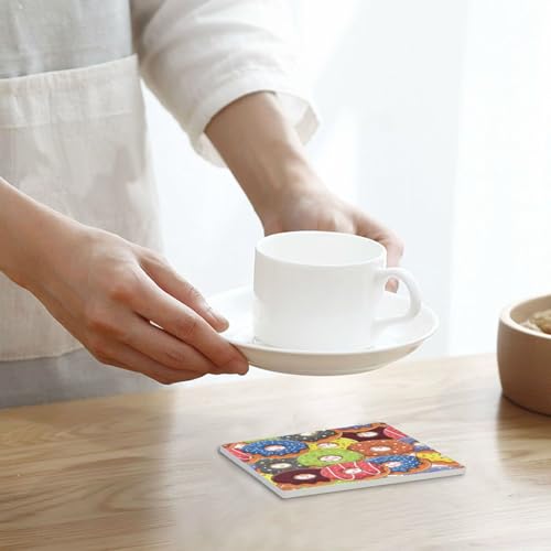 Donuts Square Coasters for Drinks 4 Packs, Absorbent Heat-Resistant Ceramic Stone Coaster Desktop Protector with Cork Base for Kitchen Bar Home Decor, 3.9 Inch