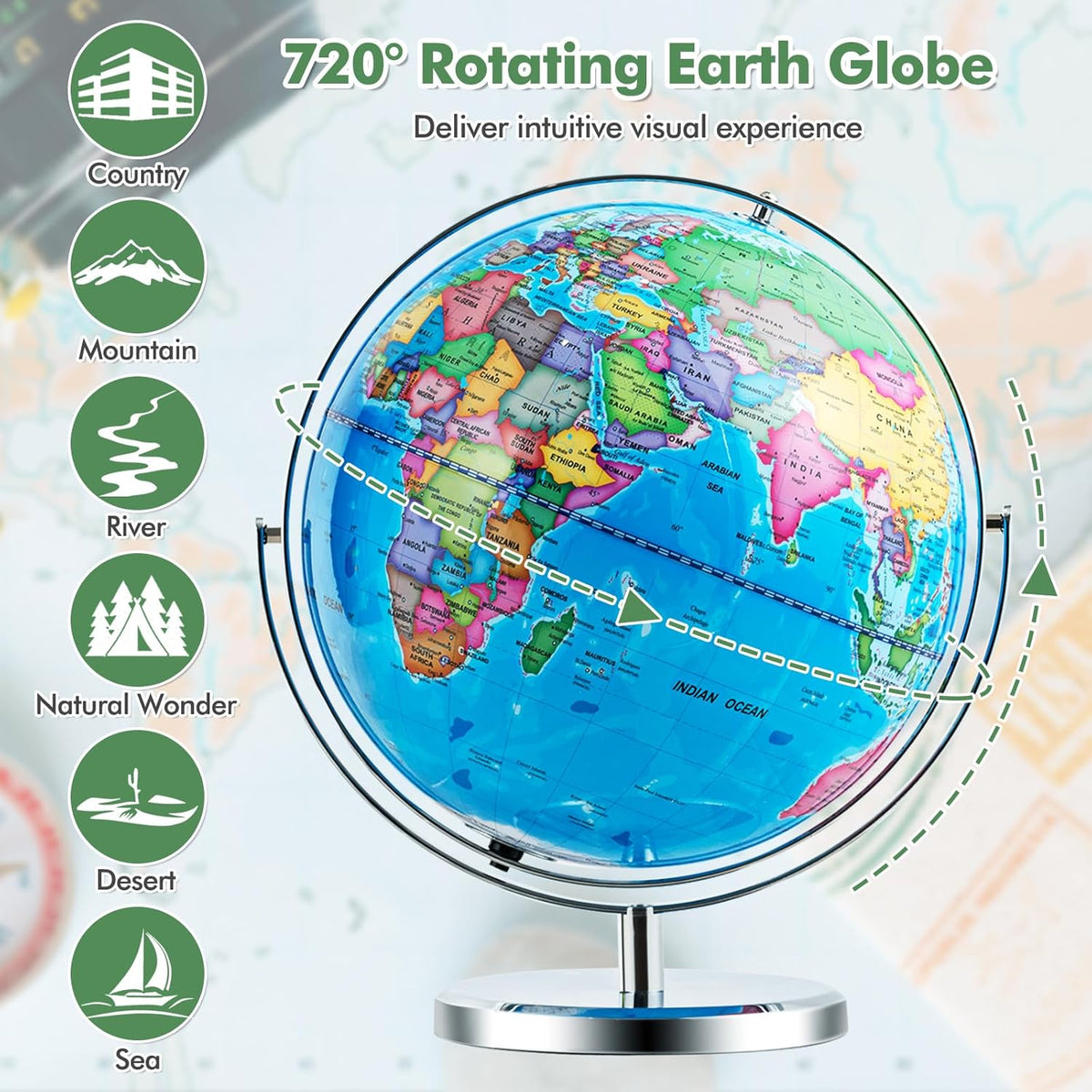 COSTWAY Illuminated World Globe, 13?? Desktop Geographic Globe w/LED Light & Easy-to-Read Clear Map for Students, 720?? Rotation Decorative Globe, Educational Interactive Globe for School, Classroom