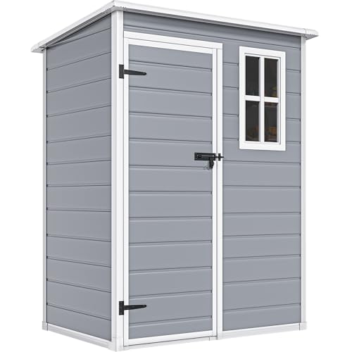 DWVO 5x3ft Resin Outdoor Storage Shed with Floor, Waterproof Lockable Storage Shed with Window, Plastic Outside Tool Storage for Garden, Backyard, Patio, Lawn, Gray
