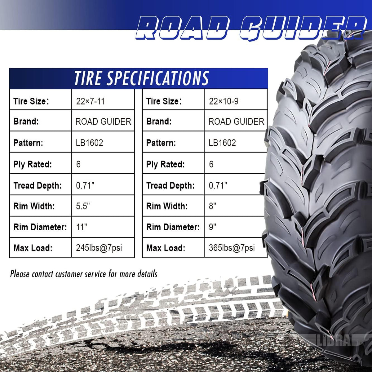 Set 4 Road Guider ATV/UTV Tires 22x7-11 Front & 22x10-9 Rear /6PR 20mm Deep Tread Honda Recon 250 Suzuki Ozark 250
