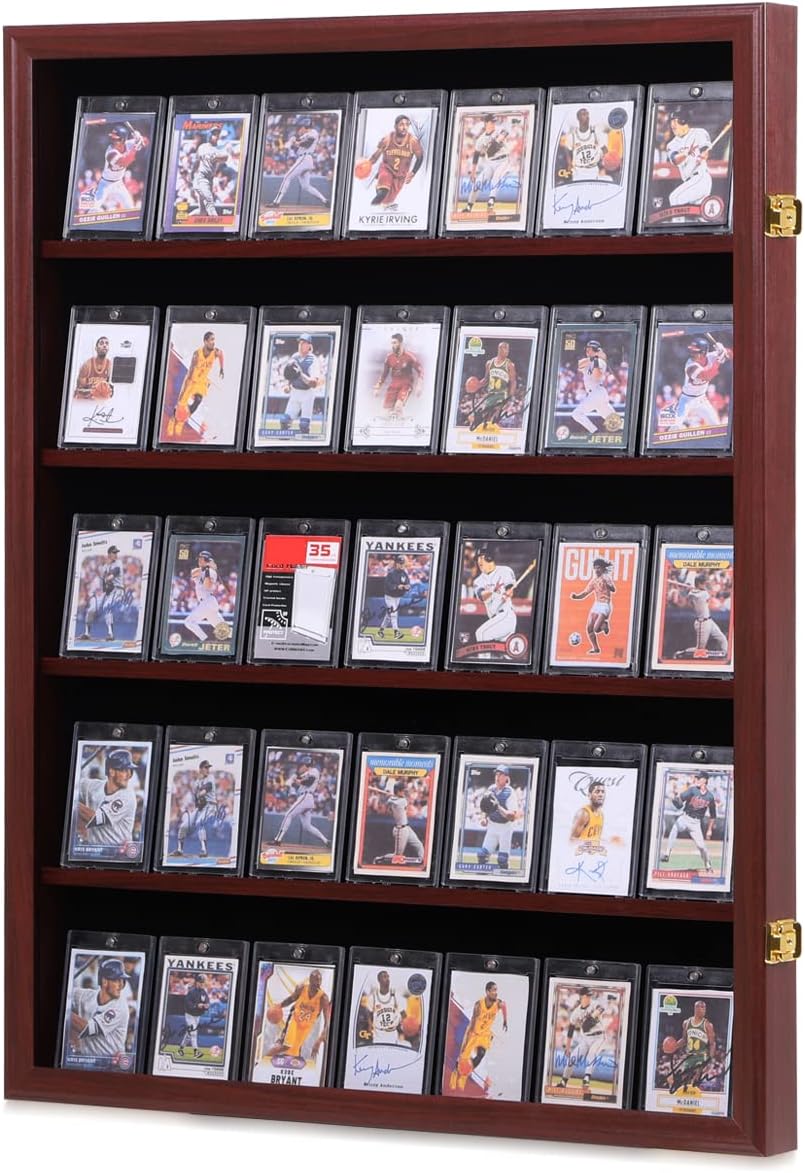 35 Graded Sports Card Display Case - Baseball Card Display Frame with UV Protection Clear View Lockable Wall Cabinet for Basketball Collectible Trading Card Black Finish