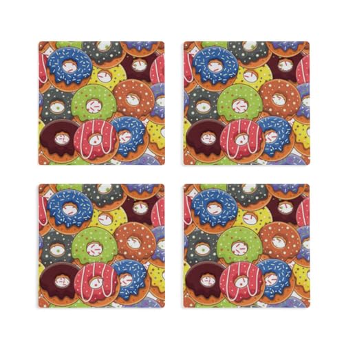 Donuts Square Coasters for Drinks 4 Packs, Absorbent Heat-Resistant Ceramic Stone Coaster Desktop Protector with Cork Base for Kitchen Bar Home Decor, 3.9 Inch