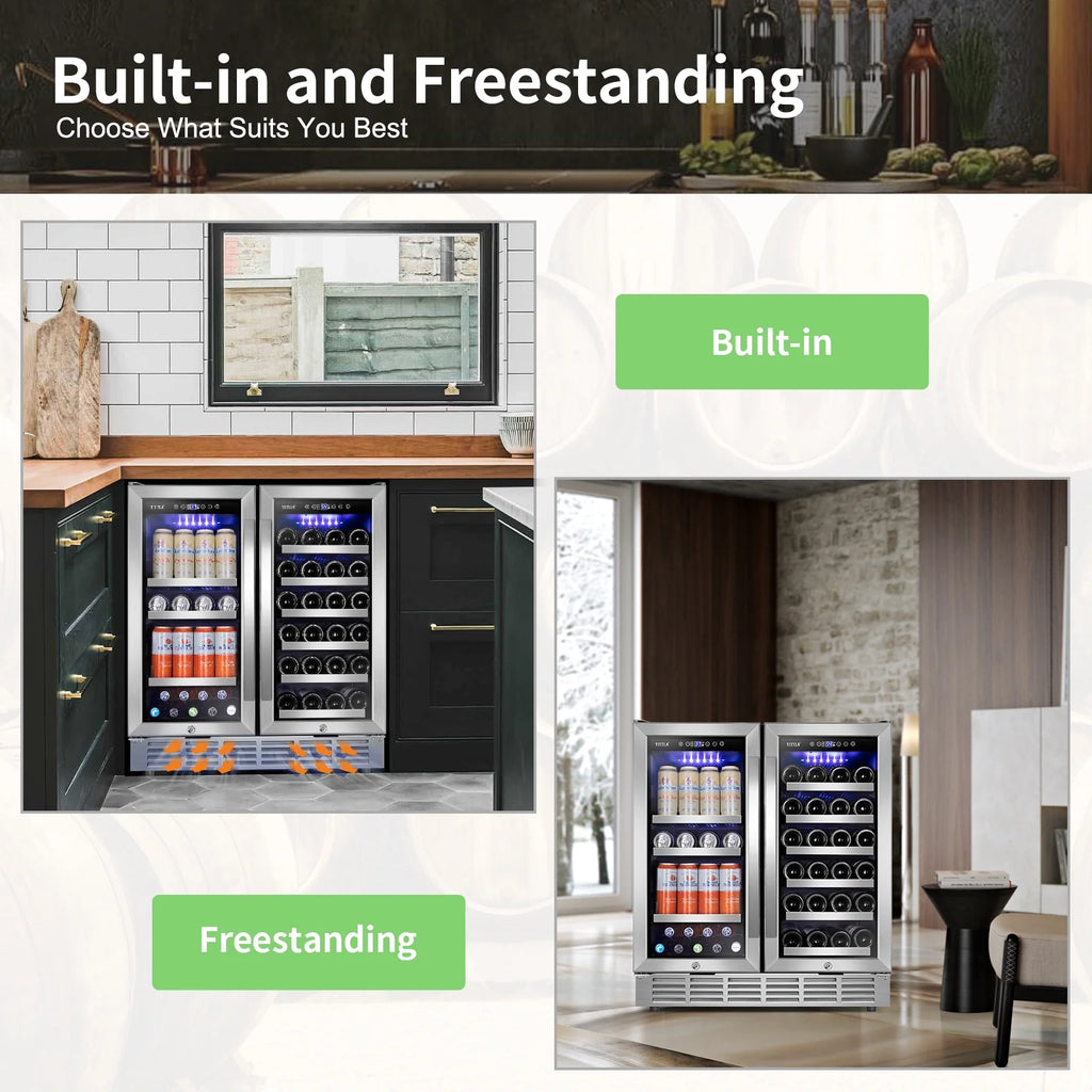 Tittla 30 Inch Wine Fridge, Dual Zone Wine and Beverage Refrigerator with 33 Bottle and 80 Can Wine Cooler Under Counter Freestanding