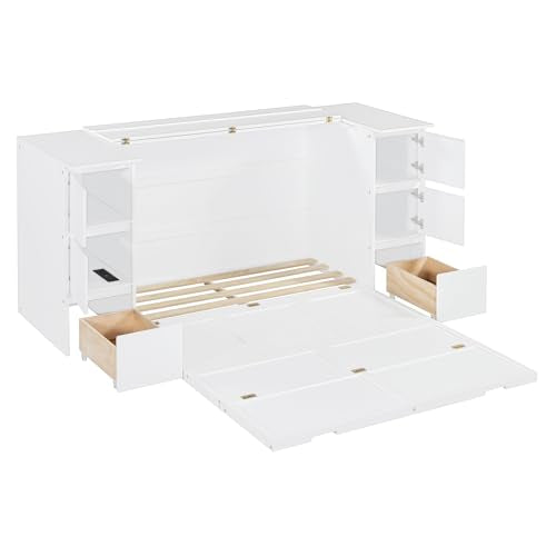 Twin Size Murphy Beds with Charging Station and Storage Drawers, Wood Cabinet Bed Frame, Wall Bed with Outlet & USB Ports for Home Office Studio, White