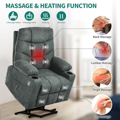 YITAHOME Power Lift Recliner Chair, Modern Fabric Recliner Chair with Massage and Heat, Spacious Seat, USB Ports, Cup Holders, Remote Control, Suitable for Living Room Dark Grey2