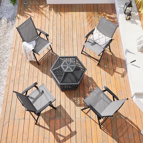 Yaheetech Patio Dining Chairs Set of 4 with Armrests, Outdoor Folding Chairs with Metal Frame and Backrest for Lawn, Garden, Yard and Poolside, Black