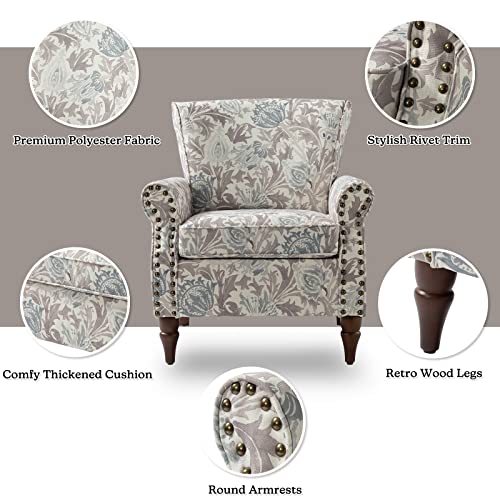 HULALA HOME Modern Wingback Accent Chair with Wood Legs & Removable Cushion, Comfy Upholstered Armchair with Nailhead Trim, Floral Pattern Single Sofa Chair for Living Room Bedroom, Blue