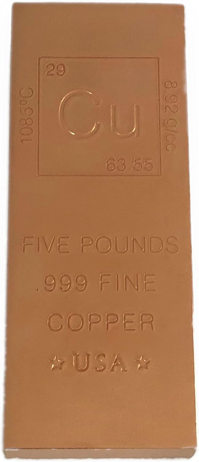 Unique Metals 5 Pound Copper Bar Bullion with Element Design - .999 Pure Pack of 2
