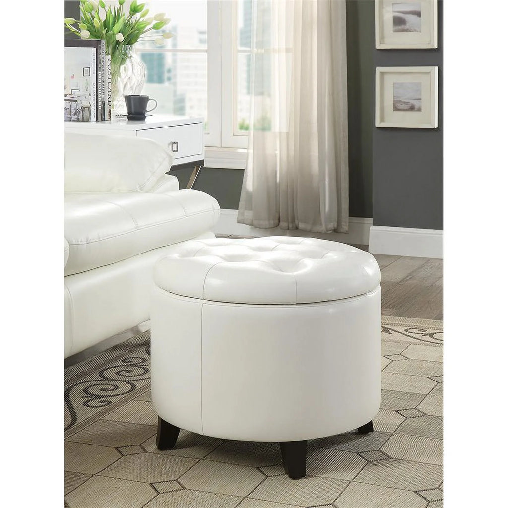 Pemberly Row Modern Round Ottoman in Ivory Faux Leather Fabric