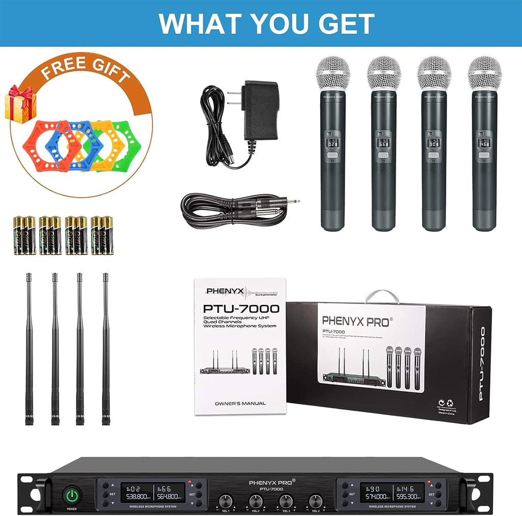 Wireless Microphone System, Phenyx Pro Quad Channel Cordless Mic Set with Metal Handheld Mics, 4x40 Channels, Auto Scan, Long Distance 328ft, Ideal for DJ, Church, Outdoor Events (PTU-7000A)