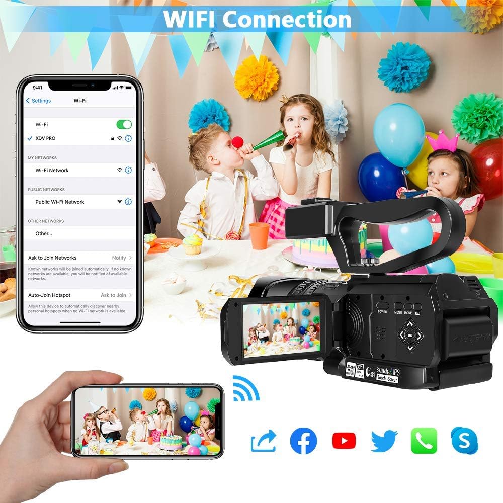 Video Camera 4K HD Auto Focus Camcorder 48MP 60FPS 30X Digital Zoom Camera for YouTube LED Function 4500mAh Battery with Handheld Stabilizer, Remote Control,Microphone and 64G SD Card