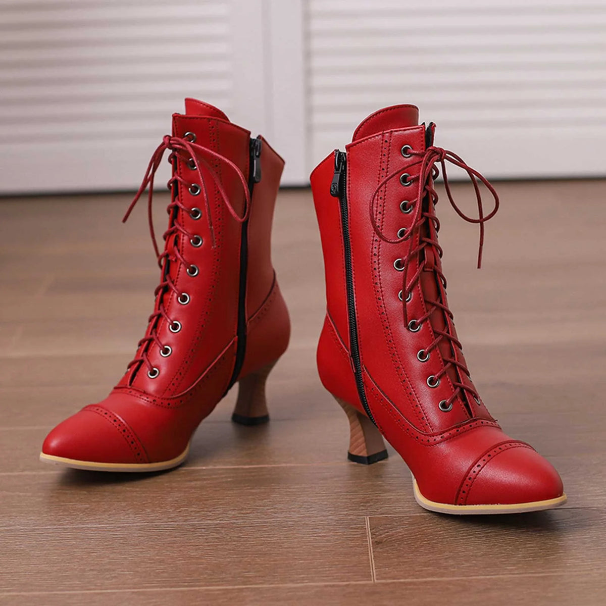 PMUYBHF Female Women Sandals and Slides Lace up British Boots Wine Glasses and Round Headed Solid Color Large Women's Short Boots Red 38