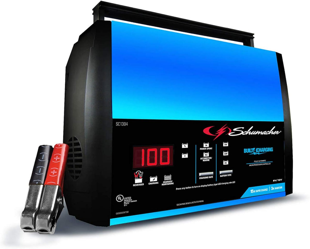 Schumacher Fully Automatic Battery Charger Maintainer, and Auto Desulfator with Battery Detection - 15 Amp/3 Amp, 6V/12V - For Cars, Trucks, SUVs, Marine, RV Batteries