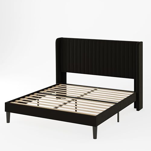 Allewie Queen Size Velvet Bed Frame/Vertical Channel Tufted Wingback Headboard/Upholstered Platform Bed/Strong Wooden Slats/No Box Spring Needed/Easy Assembly/Black