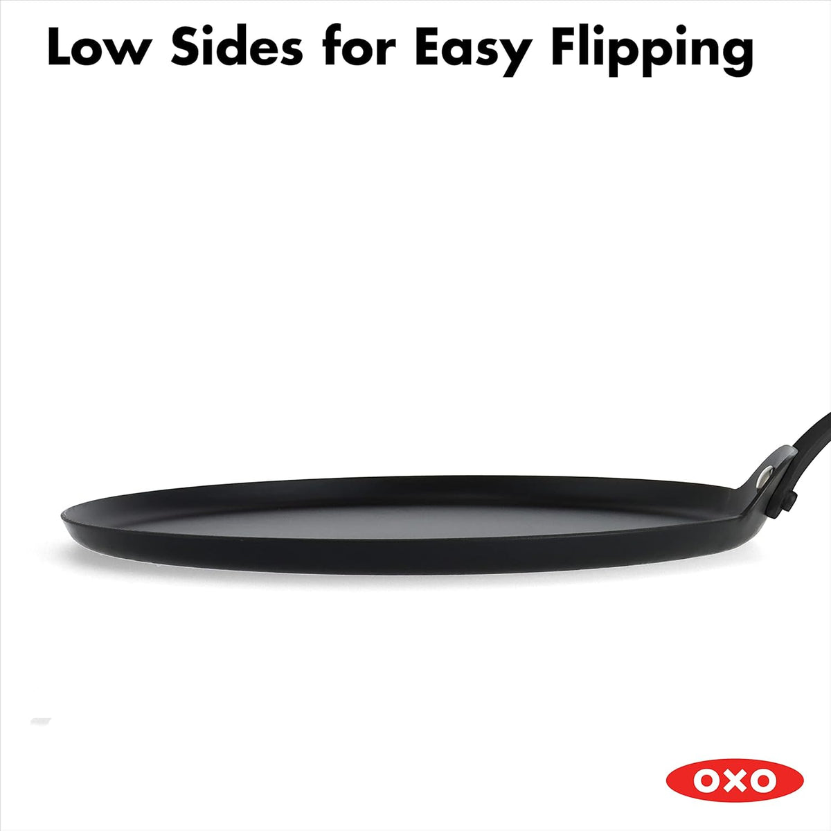 OXO Obsidian Pre-Seasoned Carbon Steel, 12 Wok Pan with Removable Silicone Handle Holder, Induction, Oven Safe, Black