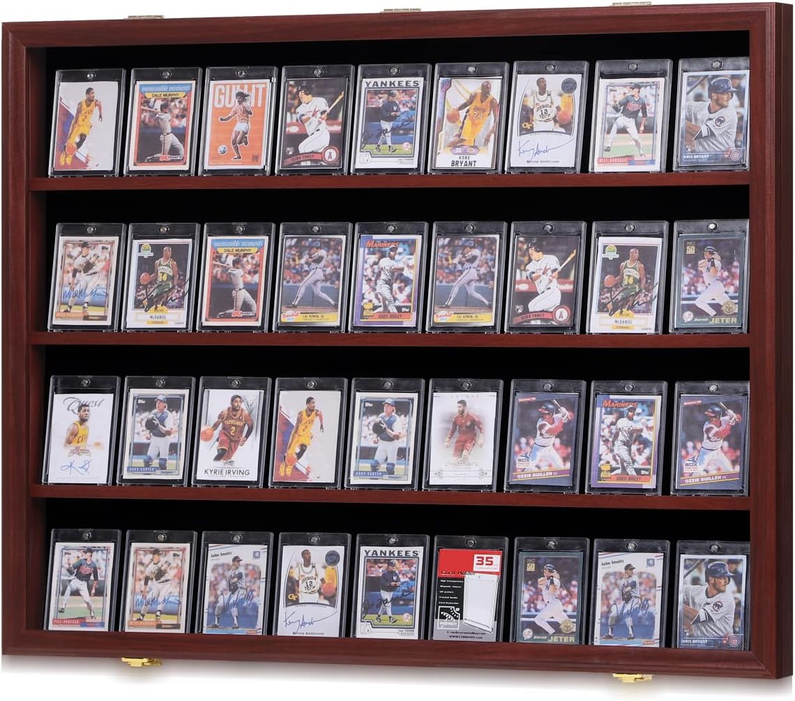 35 Graded Sports Card Display Case - Baseball Card Display Frame with UV Protection Clear View Lockable Wall Cabinet for Basketball Collectible Trading Card Black Finish