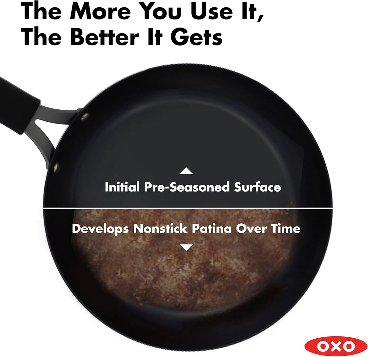 OXO Obsidian Pre-Seasoned Carbon Steel, 12 Wok Pan with Removable Silicone Handle Holder, Induction, Oven Safe, Black